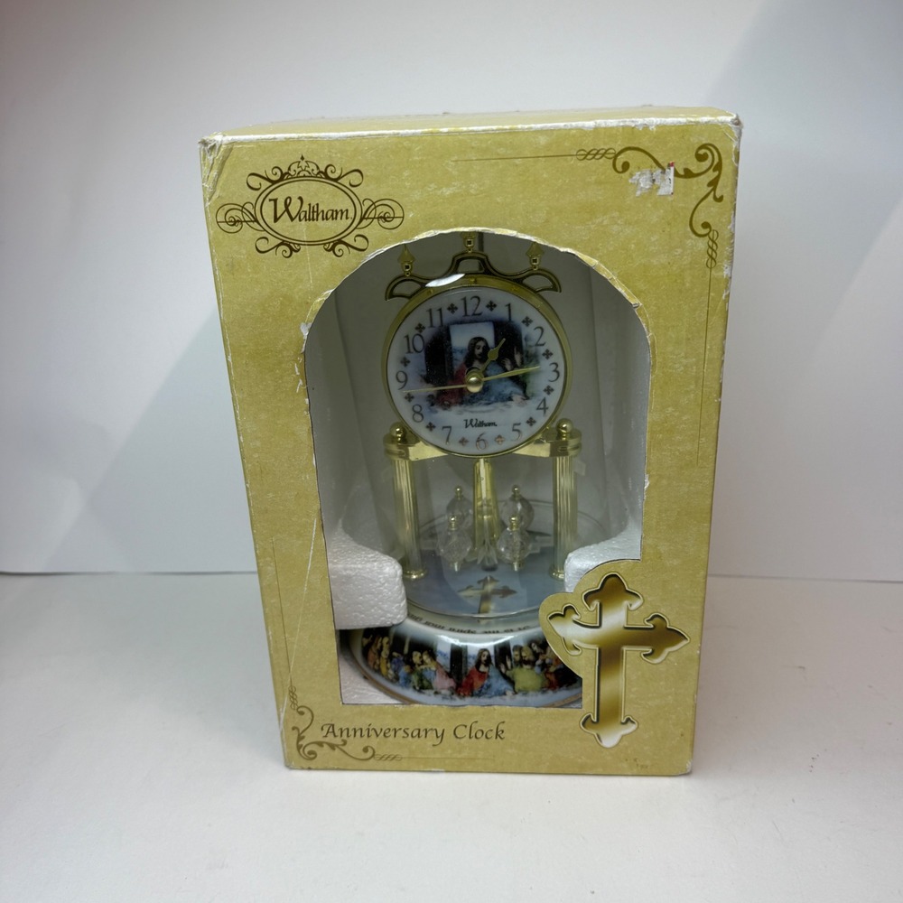 Waltham Anniversary Clock The Last Supper Porcelain Base Glass Dome Gold Tone 9"